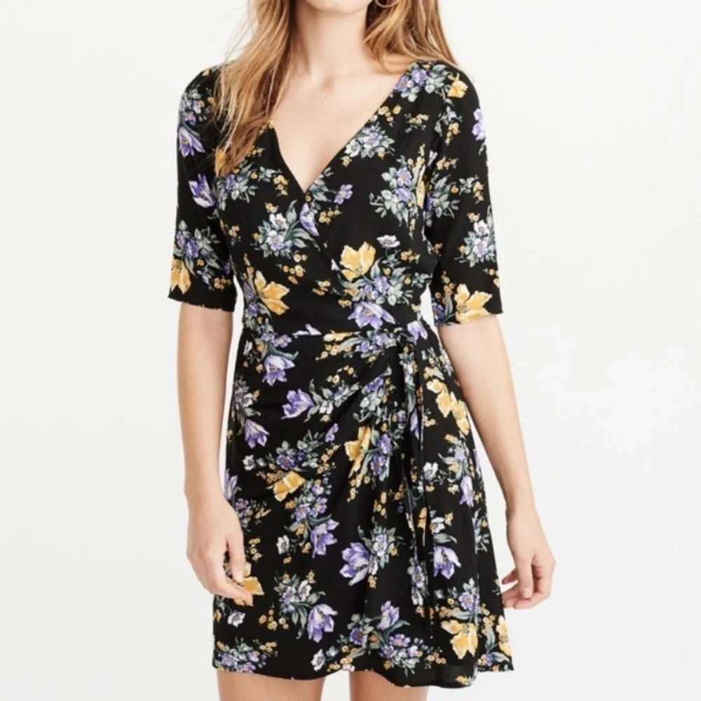 Abercrombie & Fitch Floral Wrap Mini Sun Dress Y2K XS Black Cottagecore Romantic